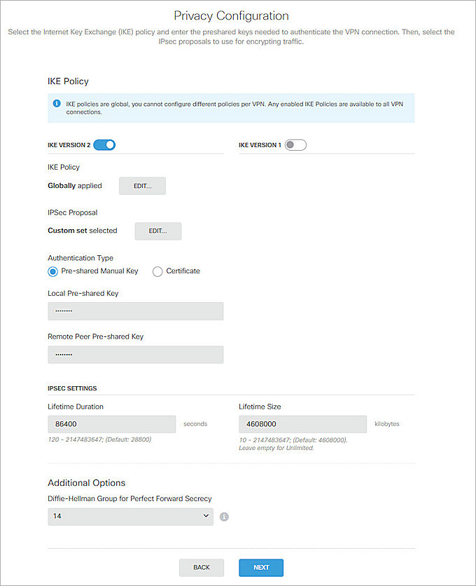 Screenshot of the Privacy Configuration page